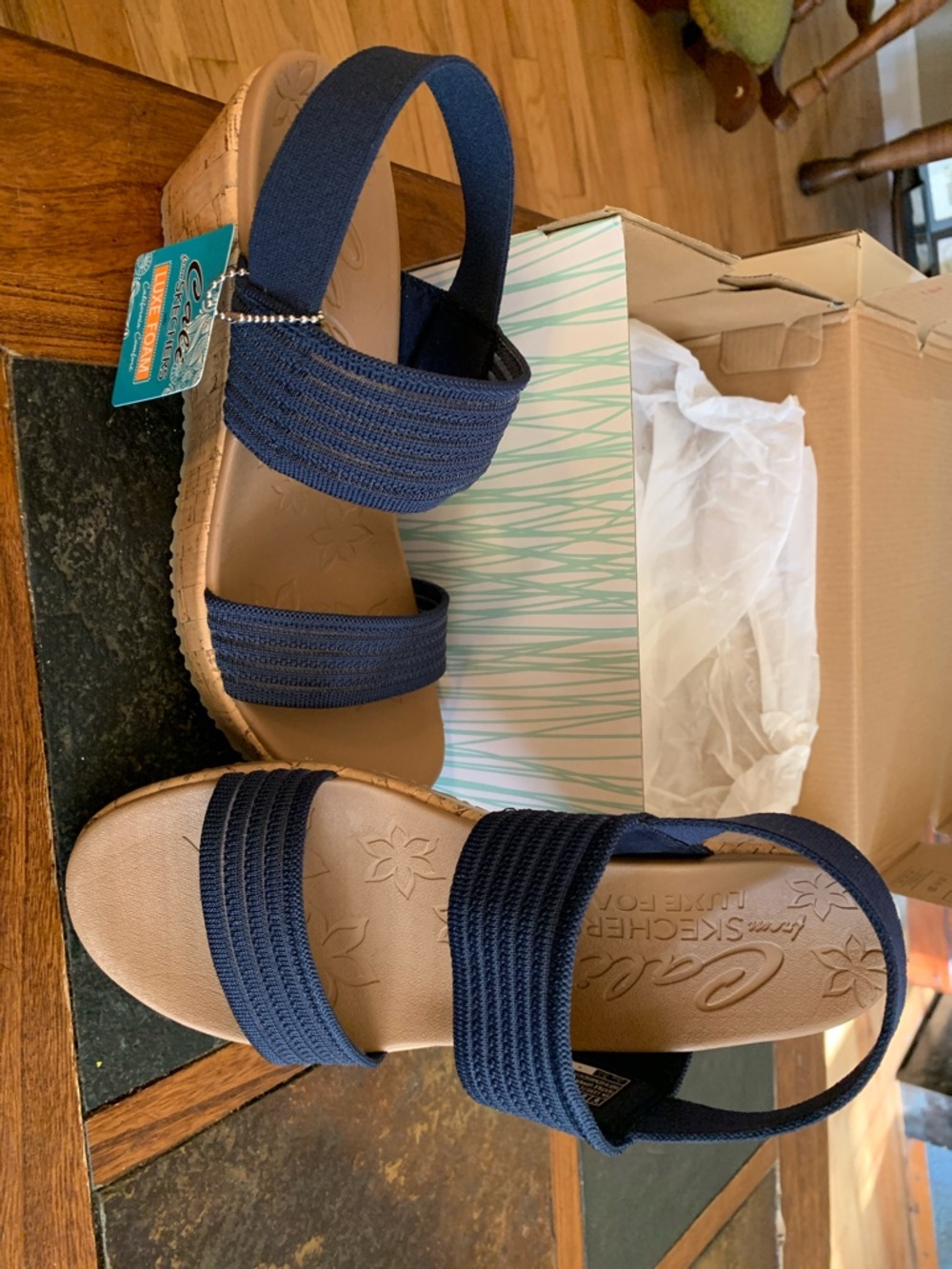 Navy Elastic Strap Wedge Sandals